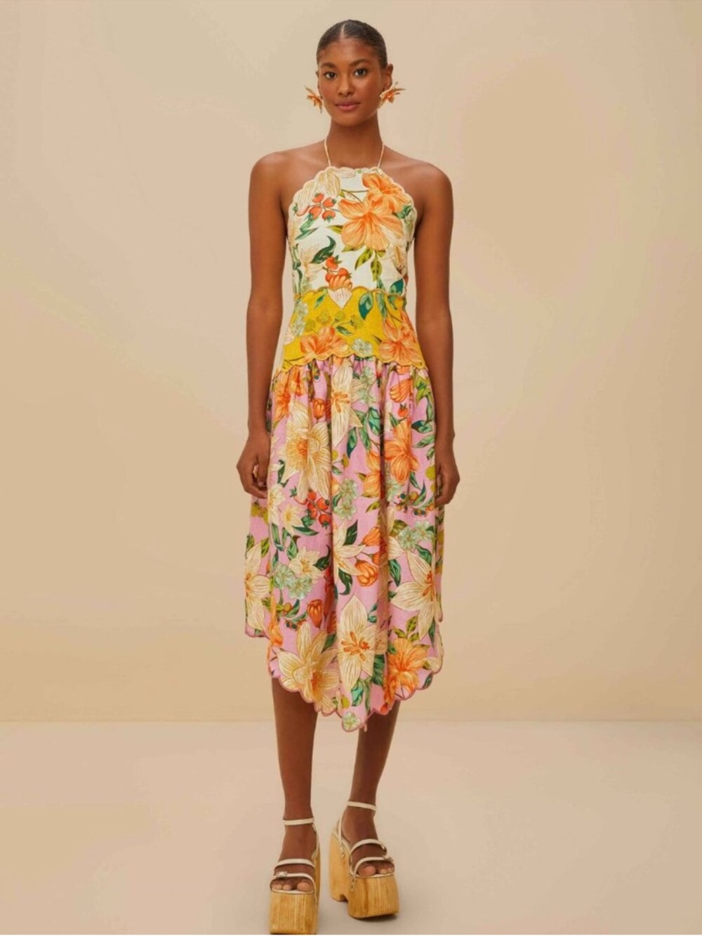 FARM Rio Halter Floral Midi Dress in Yellow, Pink and Green